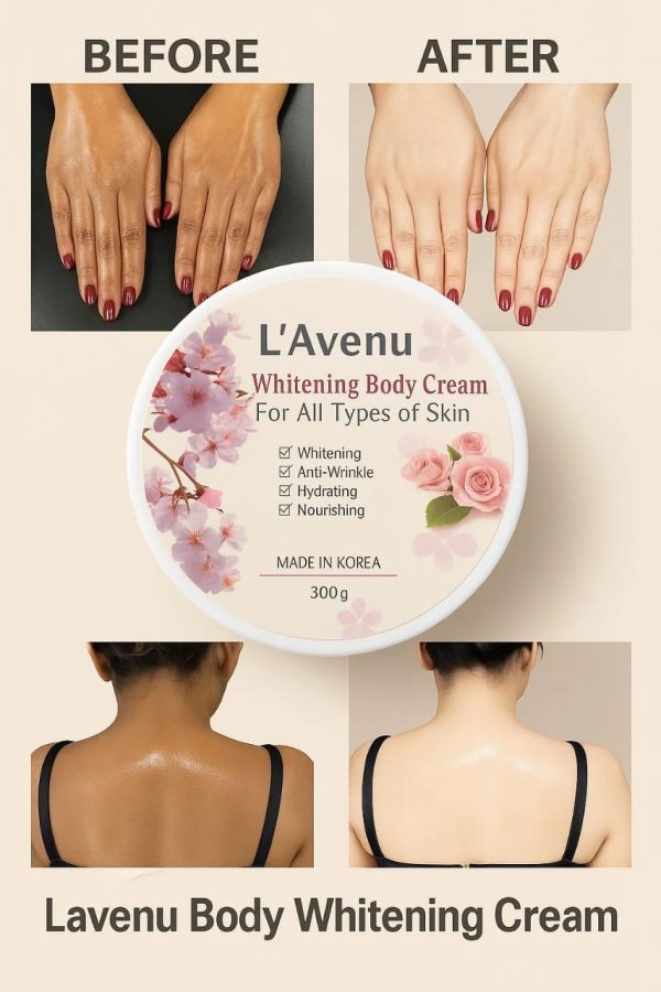 L'Avenu Whitening Body Cream -একটি উন্নত মানের স্কিনকেয়ার ফর্মুলা যা ত্বককে ধীরে ধীরে ফর্সা, মসৃণ ও উজ্জ্বল করে তোলে। এর প্রাকৃতিক উপাদানসমূহ ত্বকের গভীরে কাজ করে দাগ-ছোপ, রঙের অসামঞ্জস্যতা ও রুক্ষতা দূর করতে সহায়তা করে।(Made in Korea) মূল উপকারিতা: ✅বডি স্কিন ধবধবে ফর্সা করবে (হাত,পা,ঘাড়,গলা,কুনই,পেটের নিচে) ✅বডির যেকোন কালো দাগ দূর করবে। ✅স্কিন মসটারাইজ করবে। ✅বডি স্কিন কোমল ও স্মুথ করবে। ✅প্রাকৃতিক গন্ধে দীর্ঘস্থায়ী ফ্রেশ অনুভূতি 🌿 মূল উপাদানসমূহ: হোয়াইটেনিং এক্সট্র্যাক্ট ভিটামিন E ময়েশ্চারাইজিং অয়েল প্রাকৃতিক হের্বাল নির্যাস প্রোডাক্টের বিবরণ (Product Details): নেট ওজন: ৩০০ গ্রাম প্রোডাক্ট টাইপ: বডি ক্রিম প্রোডাক্ট ফর্ম: ক্রিম ত্বকের ধরন: সব ধরনের ত্বকে ব্যবহারযোগ্য বয়স: প্রাপ্তবয়স্কদের জন্য ব্যবহারের জায়গা: পুরো শরীর Guarantee: yes ব্যবহারবিধি: প্রতিদিন গোসলের পর অথবা রাতে ঘুমানোর আগে পরিমাণ মতো ক্রিম হাতে নিয়ে পুরো শরীরে লাগান ও ভালোভাবে মাখুন। নিয়মিত ব্যবহার করলে চোখে পড়ার মতো পার্থক্য অনুভব করবেন।