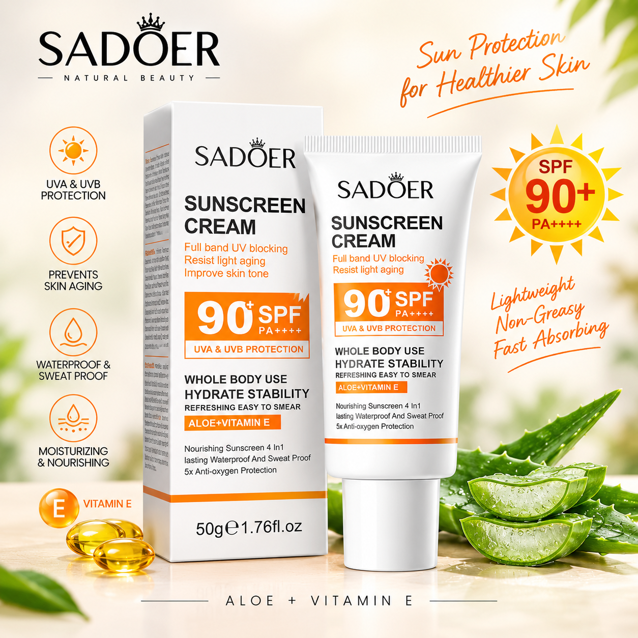 Sadoer Sunscreen Cream SPF 90+ PA++++ 50g | UV Sun Protection for Melasma & Hyperpigmentation
